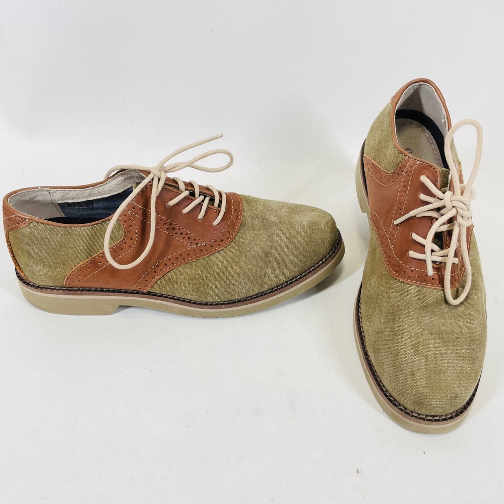 GH Bass Eli Mens 7.5 M Olive Canvas Brown Leather Saddle Oxford Shoes 0031-2554